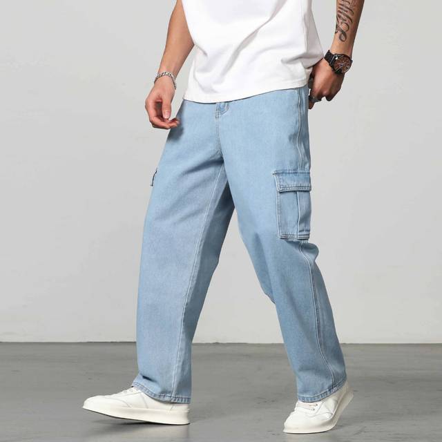 Loose Fit Cargo-jeans för män med flikfickor på sidan Vanliga långa baggy Cargo Ljusblå tvättade Cargo-jeans, för make, pojkvänspresenter - Ljustvätt (L,M,S,XL,XXL)