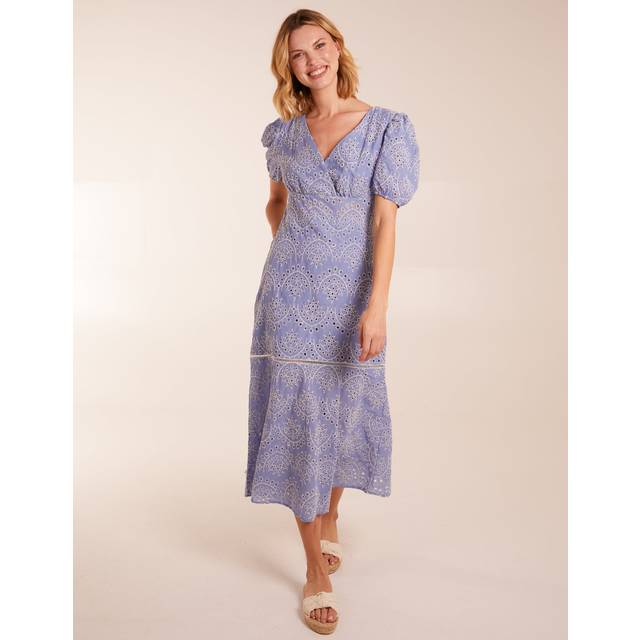 Womens Puff Sleeve Midi Dress - Blue - 14