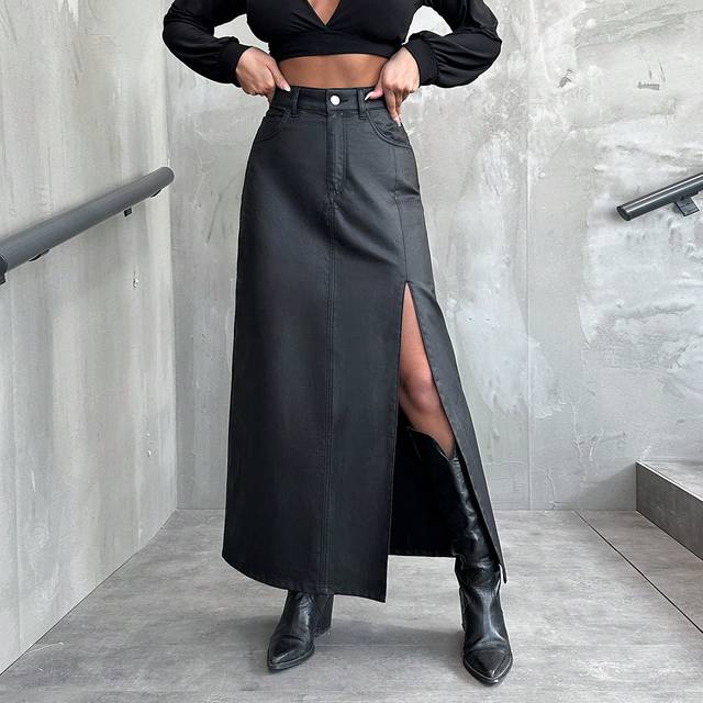 SHEIN Coated, Slit Detailed Long Skirt