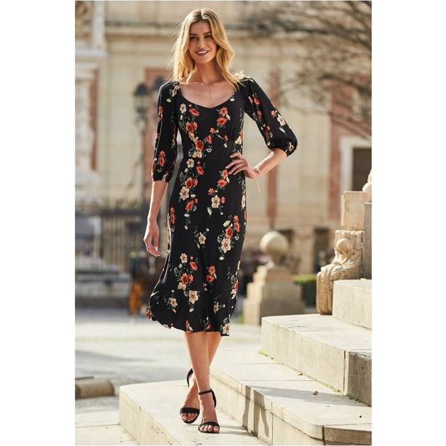 Sosandar Womens Black Floral Print Sweetheart Neckline Midi Jersey Dress - Size 8 UK