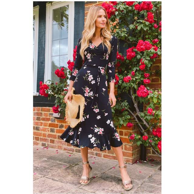 Sosandar Womens Black & White Floral Print Jersey Midi Dress - Size 14 UK