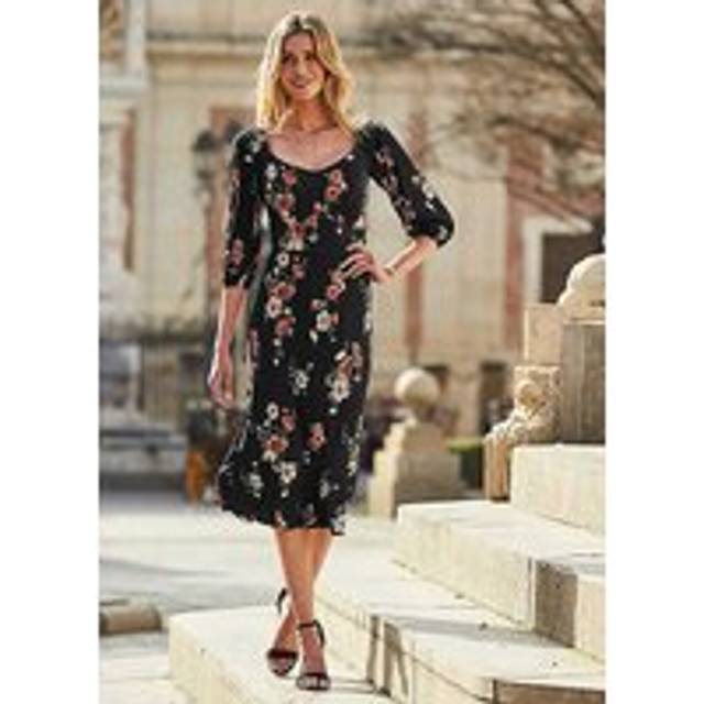 Sosandar Womens Black Floral Print Sweetheart Neckline Midi Jersey Dress - Size 18 UK