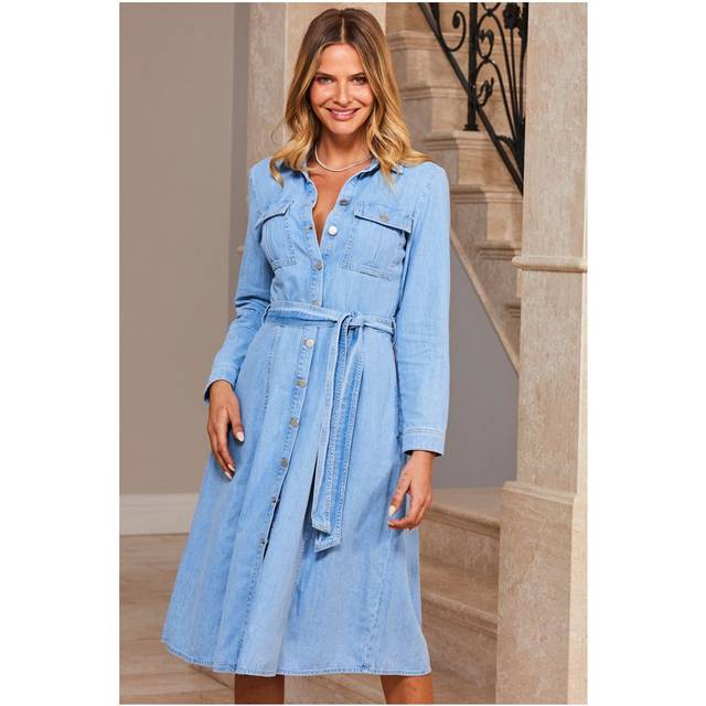 Sosandar Womens Light Wash Denim Midi Shirt Dress - Blue - Size 12 UK