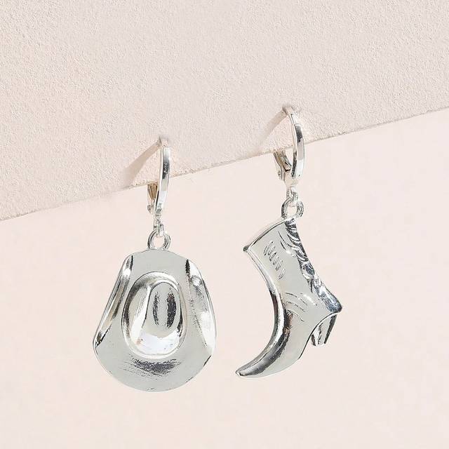 1 par Vilda västern-stil Cowboy Stövel & Hattformad Örhängen För kvinnor - Silver (En-Storlek)