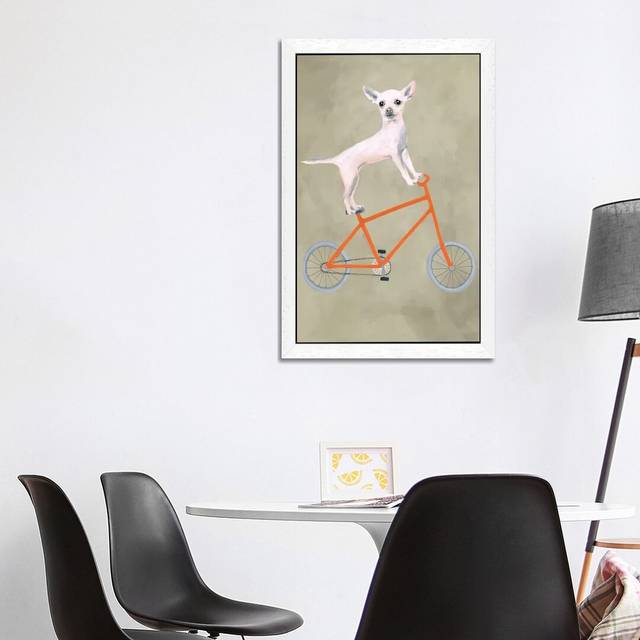 Chihuahua on Bicycle by Coco de Paris - Painting Print on Canvas - White Framed (66.04 cm H x 45.72 cm W)