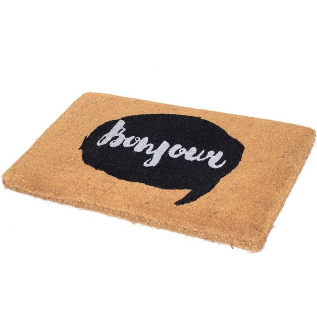 Fab Habitat Extra Thick Doormat - Handwoven  Durable - Natural Coir - Entryway  Front Door  Porch  Patio - Bonjour Callout Black/White 18 x 30 Thick