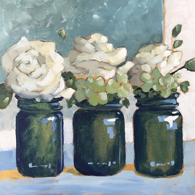 White Roses - Wrapped Canvas Painting (30cm H x 30cm W x 3.8cm D)