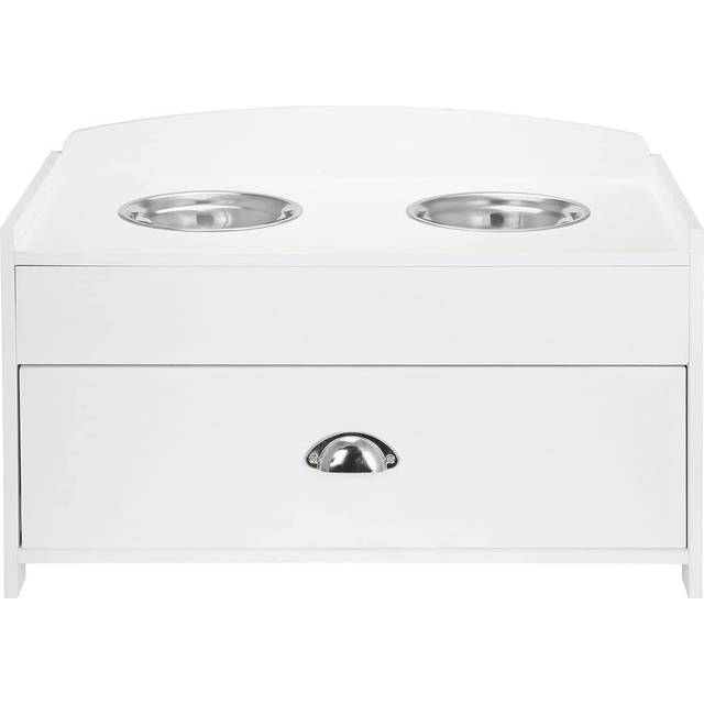 Lam Wooden Elevated Stainless Steel Raised Dog Bowls - White (45cm H X 35cm W X 16cm D)