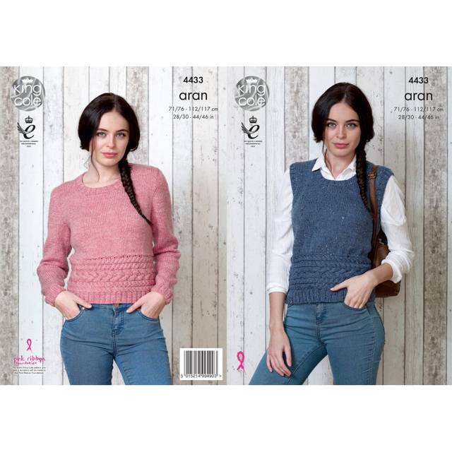 King Cole 4433 Aran Knitting Pattern Womens Slipover & Sweater