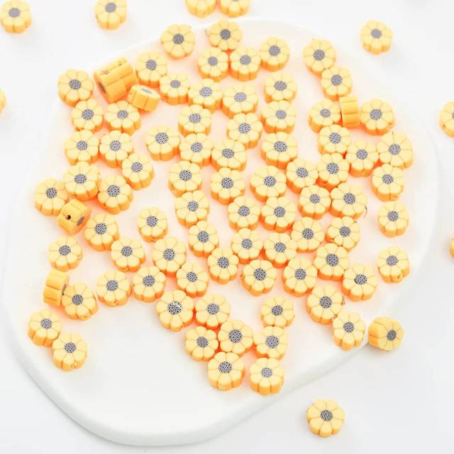 100pcs Yellow Sunflower Polymer Clay 10mm Spacer Beads for Women Jewel