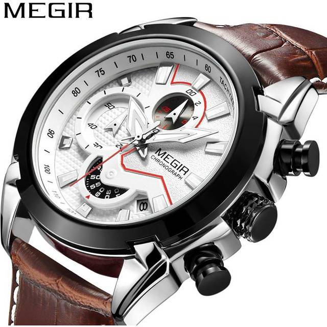 MEGIR Military Sport Watch Men Top Brand Luxury Leather Army Quartz Watches Clock Men Creative Chronograph white