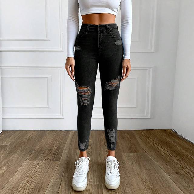 SHEIN Solid Color Skinny Jeans With Ripped Detail