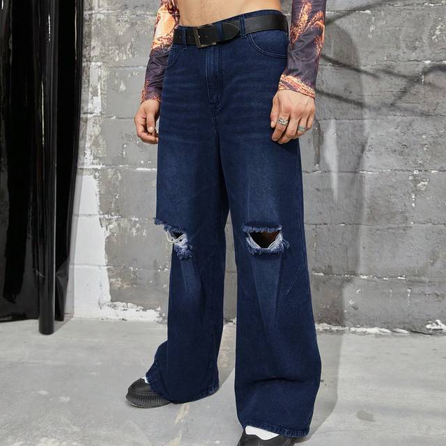 Lös passform Herr Bedrövad Bred Ben Jeans utan Bälte - Mörktvätt (L,M,S,XL,XXL)
