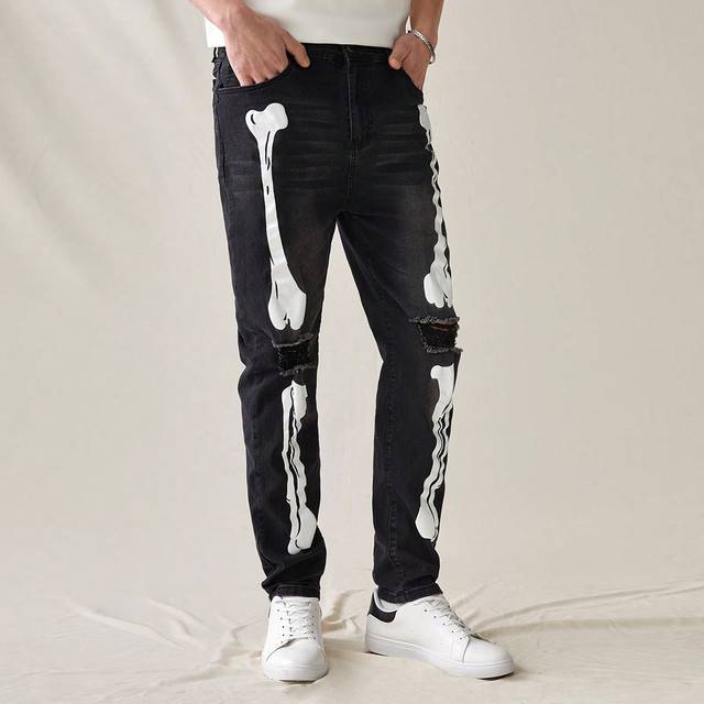 Manfinity Men&#39;s High Stretch Slim Fit Pattern Print Water Washed Distressed Fashionable Casual Denim Skinny Jeans