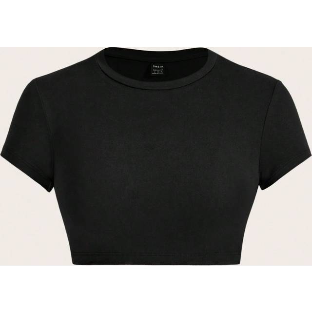 SHEIN Casual Minimalist Solid Color Round Neck Short Sleeve Cropped Fitted T-Shirt For Women, Summer