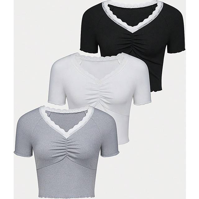 Flirla Lace & Floral Hem Gathered T-Shirt For Women