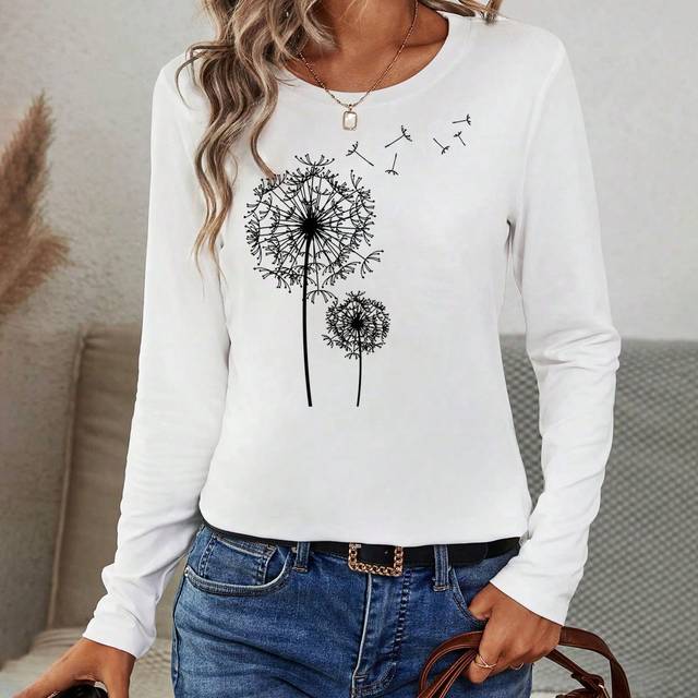 INAWLY Women&#39;s Long Sleeve Dandelion Printed T-Shirt Graphic Tees Women Tops For Spring Outfit