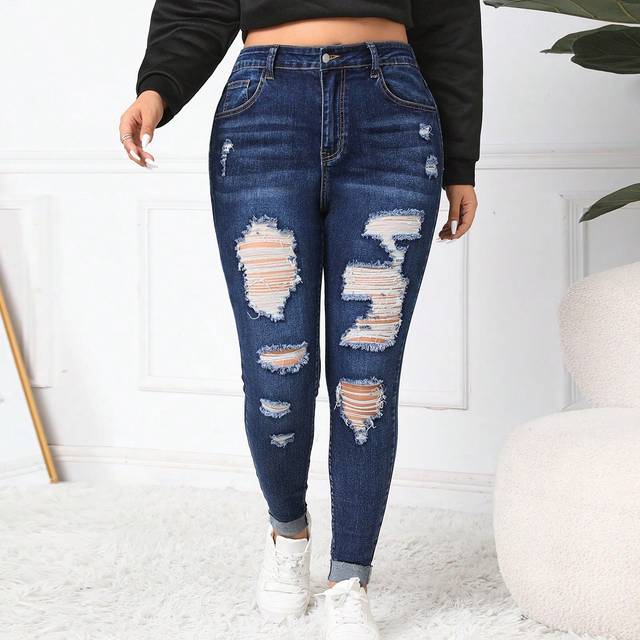 Firerie Plus Size Washed Ripped Jeans, Fall Women Clothes