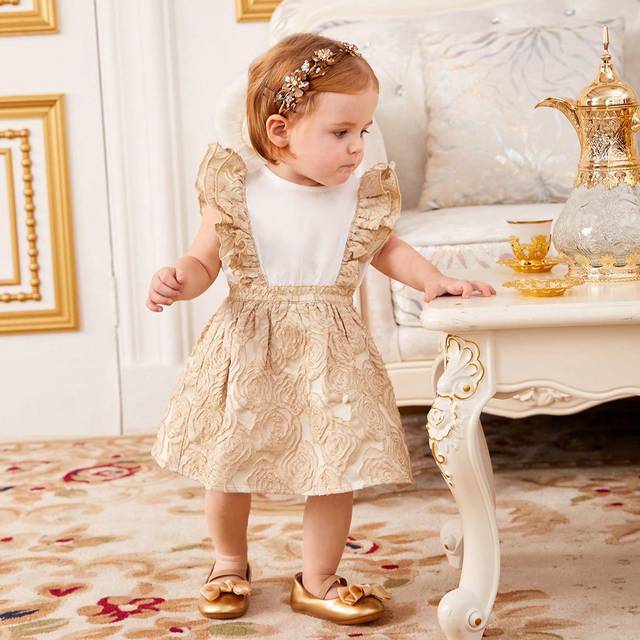 SHEIN Baby Girls&#39; Gorgeous Elegant Color-Blocking Ruffle Trim Floral Pattern Dress