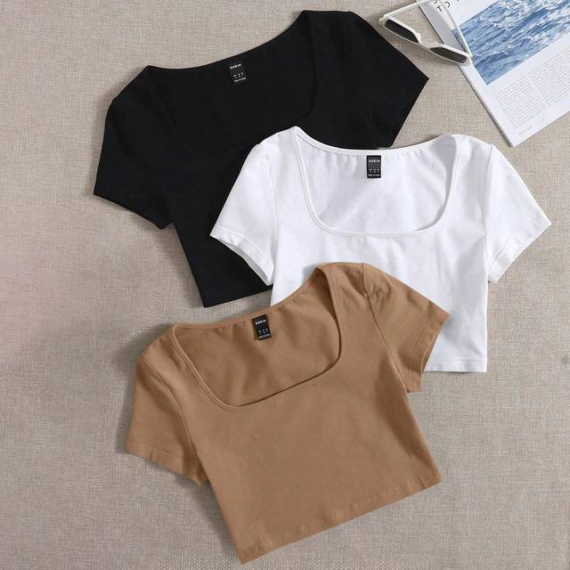 SHEIN Ladies&#39; Square Neck Short Sleeve T-Shirt