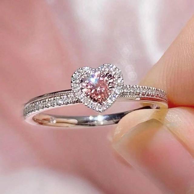 SHEIN Luxury S925 Silver Heart-Shaped Pink Diamond Engagement Geometric Jewelry Ring For Women