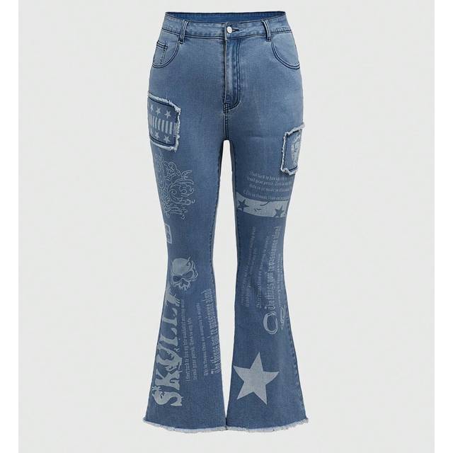 ROMWE Plus Size Skull, Stars, Slogan Printed Flare Jeans
