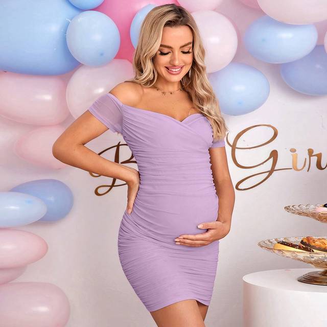 Loomaby Gender Reveal Dress Maternity Off-Shoulder Ruched Bodycon Dress Baby Shower Dress
