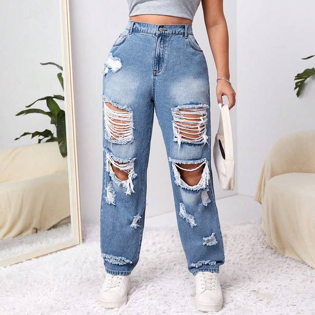 SHEIN Plus Ripped Straight Leg Boyfriend Jeans