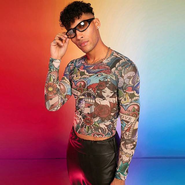 FeverCity Men Funny Cartoon Print Slim Fit Long Sleeve T-Shirt, Boyfriend Gift, For Going Out, Summer