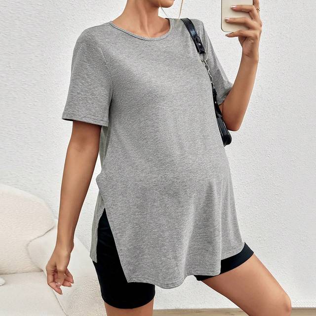 Graviditetskläder Sidan Slits Runda Hals T-shirts - Mörkgrå (L,M,S,XL,XS,XXL,XXS,XXXL,XXXXL)