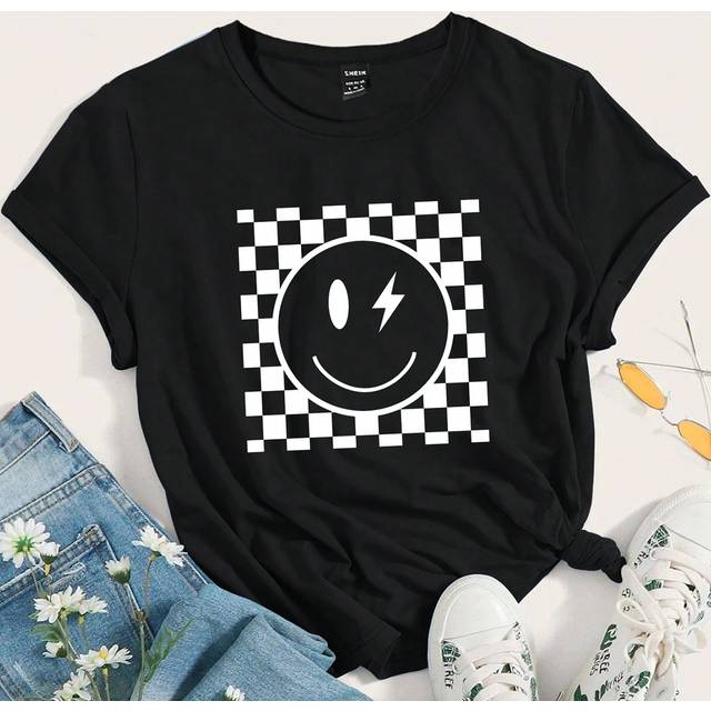 SHEIN Women&#39;s Short Sleeve T-Shirt With Smiling Face And Checkerboard Pattern Graphic Tees Women Tops