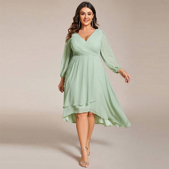 EVER-PRETTY Plus Size Women&#39;s Chiffon A-Line Asymmetrical Hem V Neck Long Sleeves Fold Pleated Midi Length Wedding Guest Dress, Bridesmaid Dress