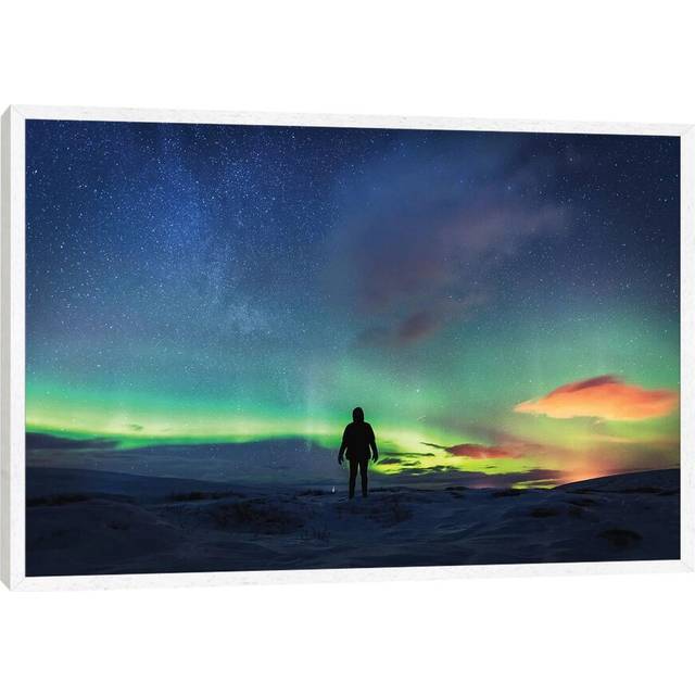 Silhouetted Man with Aurora Northern Lights by James Vodicka - Graphic Art Print on Canvas - White Framed (66.04 cm H x 45.72 cm W)