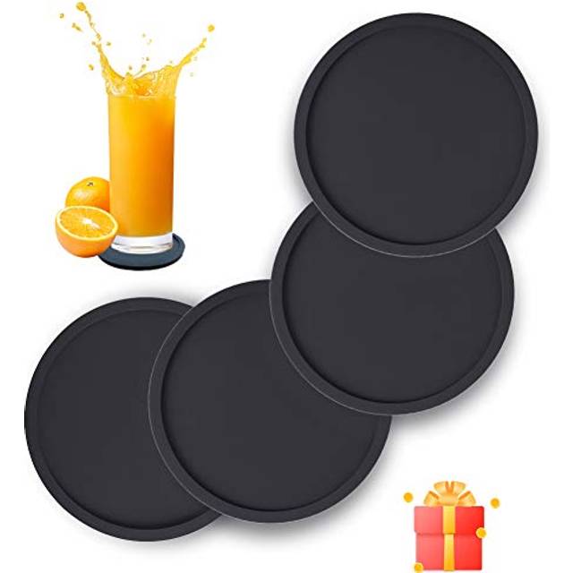 Silicone Drink Coasters Set of 4  Non-Slip Cup Coasters  Heat Resistant Cup Mate  Soft Coaster for Tabletope Protection  Furniture from Damage (Black)