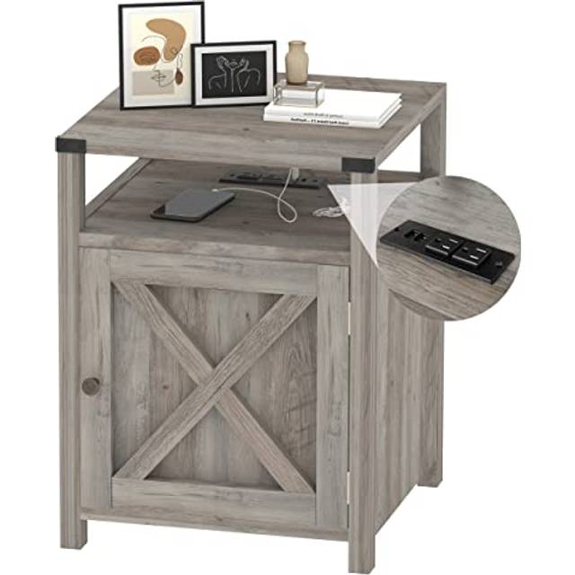 HOSEOKA Farmhouse Nightstand with Charging Station, Rustic End Table Bedroom with Storage Living Room Side Table Grey Night Stand Industrial Bedside