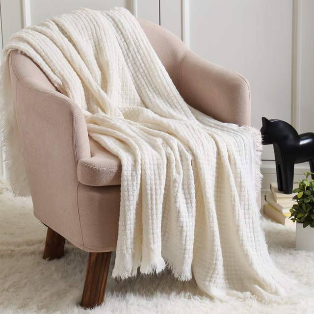 CREVENT Soft Lightweight Boho Crochet Decorative Spring Throw Blanket for Couch Sofa Chair Bed Home Decoration (127cmX152cmOff White/ Ivory)