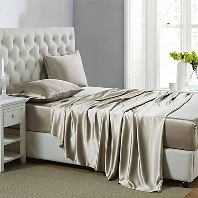 Lanest Housing Silk Satin Sheets  4-Piece King Size Satin Bed Sheet Set with Deep Pockets  Cooling Soft and Hypoallergenic Satin Sheets King - Taupe