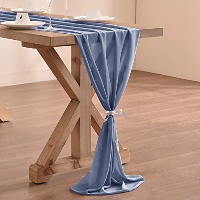 Socomi 14ft Dusty Blue Chiffon Table Runner 29x170 Inches Sheer Wedding Runner Romantic Rustic Table Runner for Easter Thanksgiving Christmas Baby Sho
