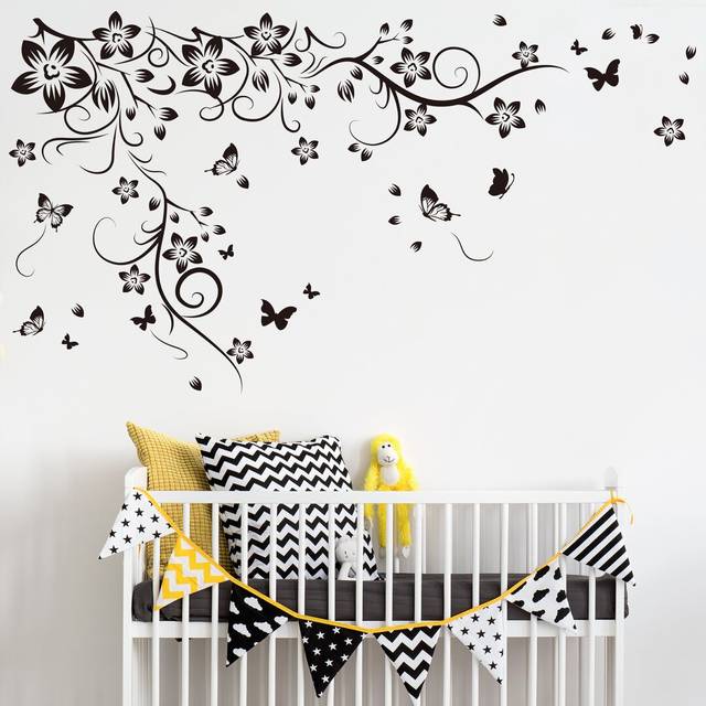 New Huge Butterfly Vine Wall Sticker - Black (150cm H X 130cm W)