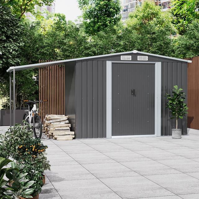 Barnouski 12ft W x 4ft D Apex Metal Tool Shed with Lean-to - White;Grey (358cm W X 124cm D X 178cm H)