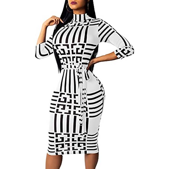 Women Sexy Bussiness Dress Bodycon Turtlenck 3/4 Sleeve White Knee Len