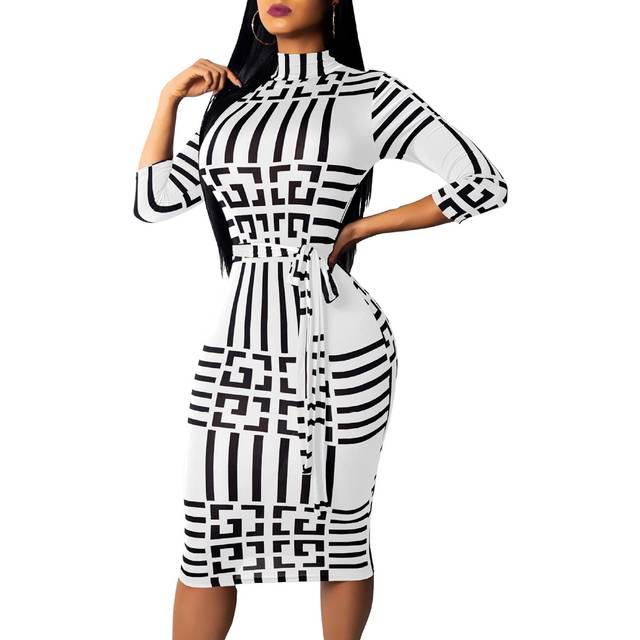 Women Sexy Bussiness Dress Bodycon Turtlenck 3/4 Sleeve White Knee Len