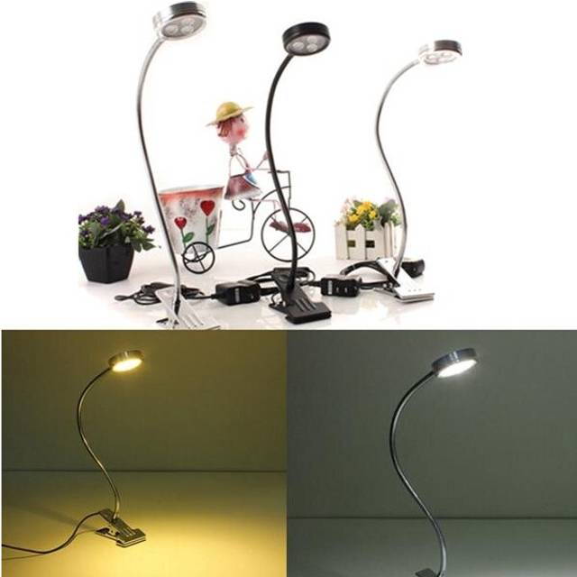 (Black, White Light) 3W Bendable LED Table Light Bedside Study Reading Lamp with Clip