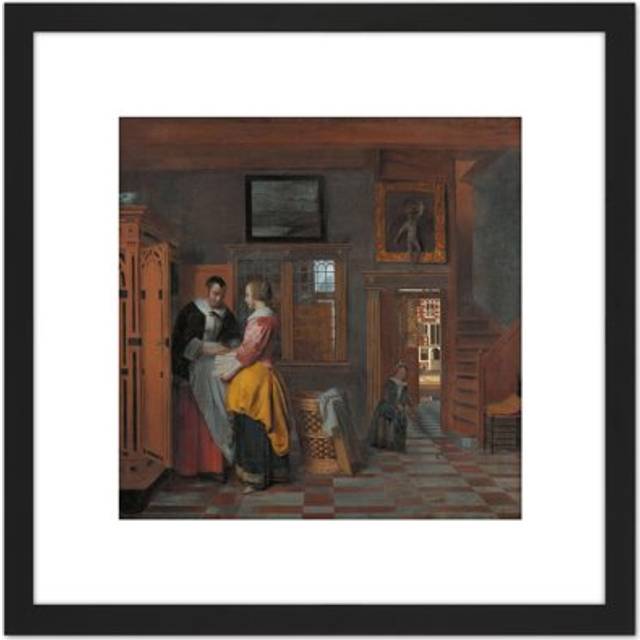 Pieter De Hooch Interior With Women Cupboard 8X8 Inch Square Wooden Framed Wall Art Print Picture with Mount - Black - One Size