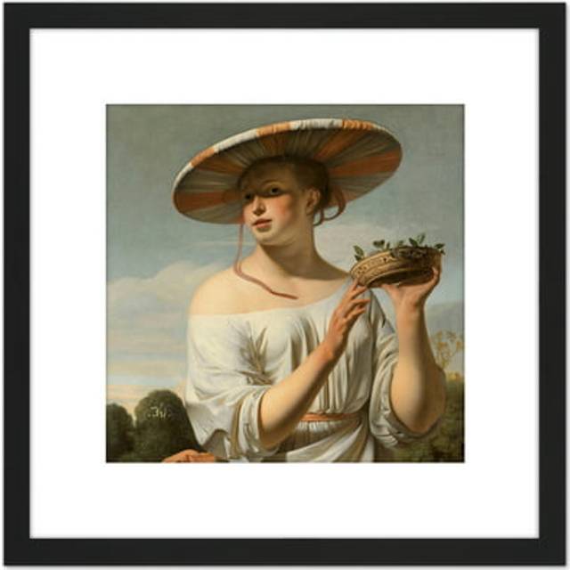 Van Everdingen Girl In A Large Hat Painting 8X8 Inch Square Wooden Framed Wall Art Print Picture with Mount - Black - One Size