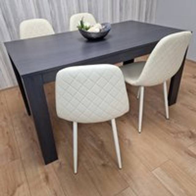 Portland Leather and Wood 4 Seater Dining Set Cream and Dark Grey - Multi
