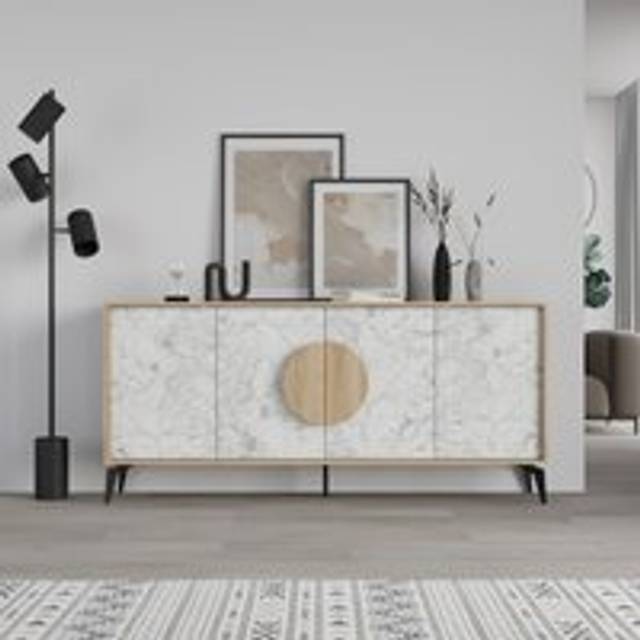 Decortie - Gora Console Sideboard Display Unit 180Cm - Oak / White Marble Effect - Oak / White Marble Effect