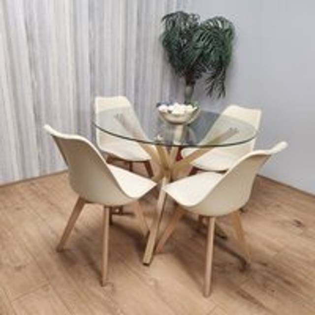 Portland 4 Seater Round Dining Table Set Oak Effect and Cream - Clear