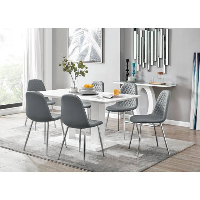 Furniturebox Molini Solara 6 Seater Dining Set White Gloss Elephant Grey and Chrome