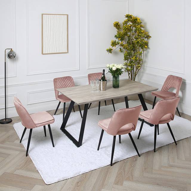 Dorchester Dining Set - Wooden-Effect Dining Table with 6 Chairs - Pink / 6